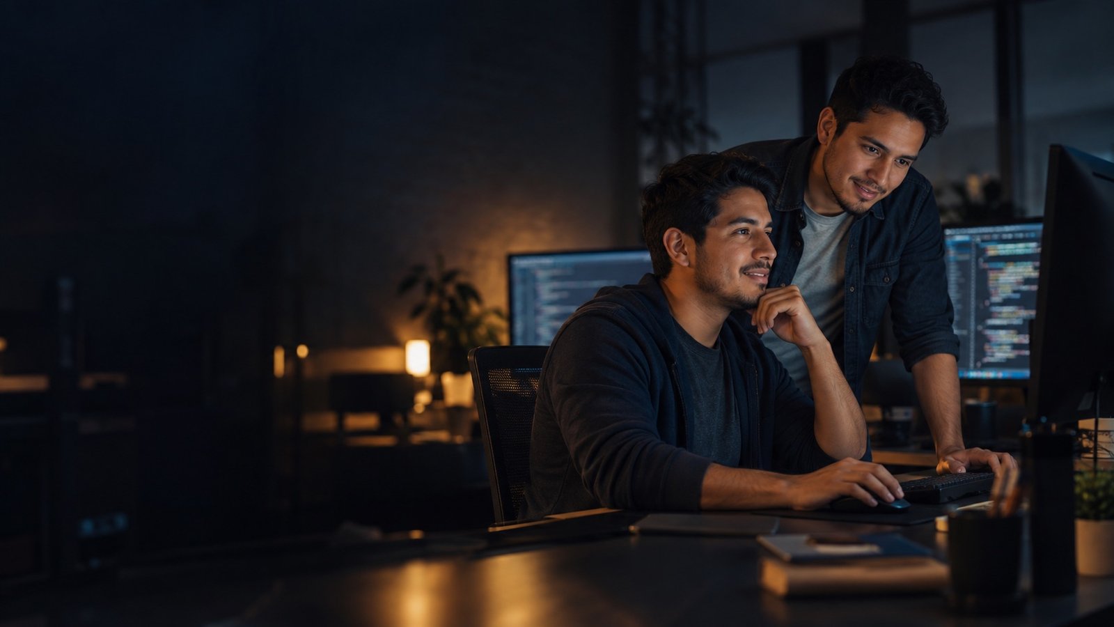 Dos desarrolladores colaborando frente a una computadora